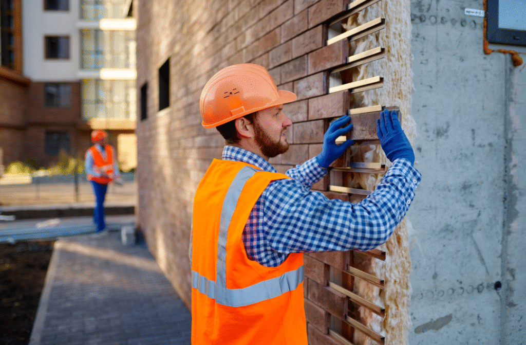 A professional installer applying external wall insulation in a home.