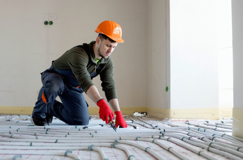 Professional learning underfloor insulation techniques to improve energy savings.