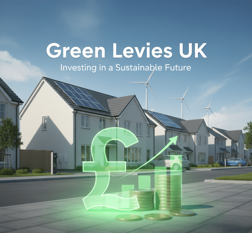 Green Levies UK concept shown with eco-homes featuring solar panels and wind turbines, plus a green pound symbol overlay.